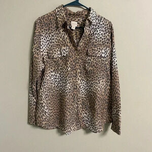 Chico’s Button Down Shirt Brown Tan Cheetah Print Pockets Size 2 Medium 12